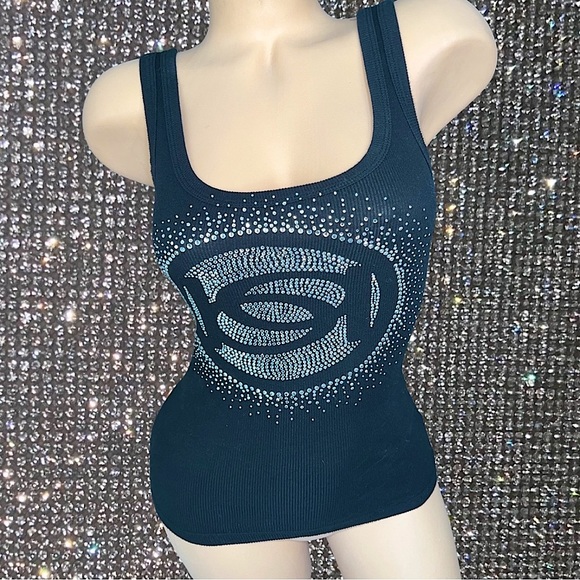 Bebe rhinestone tank bling black ribbed y2k diamonds crystals shimmer sparkly - Picture 1 of 2